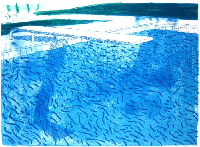 “Lithograph of Water Made of Thick and Thin Lines and a Light Blue Wash and a Dark Blue Wash”
